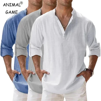 Streetwear Männer Leichte Hemden Langarm Henley Baumwolle Leinen Hemden für Männer Strand Hawaiian Shirts