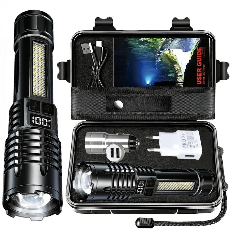 LED-Taschenlampe mit Display, Zoom und Seitenlicht, aufladbar