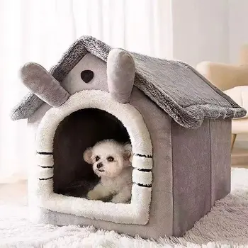Ganzjahresbett im Hundehausstil - abnehmbares, waschbares Haustierbett für kleine Hunde, Teddy, Winter, warmes