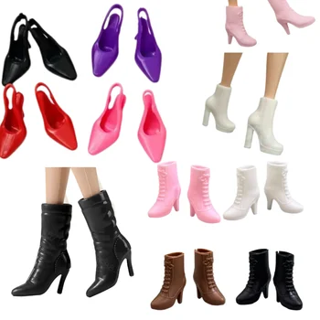 5/4/3 Paar High Heels Spielzeug Schwarz Weiß Braun Lange Stiefel Flache Sportschuhe Schuhe für Barbie BJD 1/6