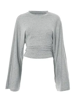 Damen Langarm O-Ausschnitt Skinny T-Shirt Monochromatisches Crop Top Casual Y2K Streetwear Fashion Pullover