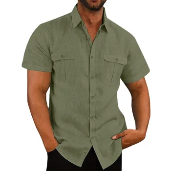 Herren Leinen Hemden im Sonderangebot, kurzärmelige Hemden, Sommer, einfarbig, bequemer Kragen, lässiger