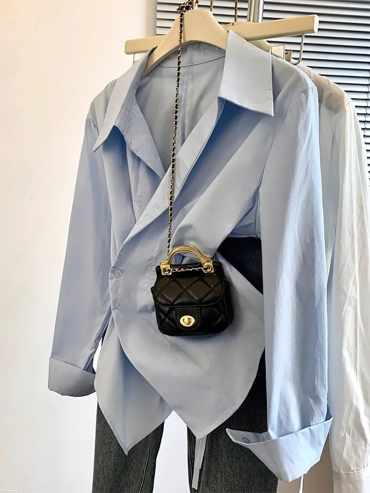Designer Unregelmäßige Langarm Poloshirt Frauen Tunika Weiß – Bild 3