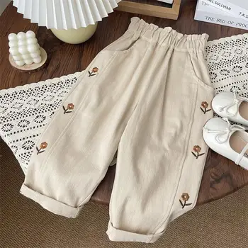 2026 frühling Kinder Casual Hosen 2-6T Mädchen Blume Stickerei Baumwolle Hosen Kinder Elastische Taille