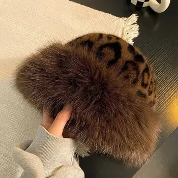 Heißer Leopard Print Pelz Hut Frauen Winddicht Warm Halten Kopfbedeckungen Pelz Fischer Hut Weibliche Faux