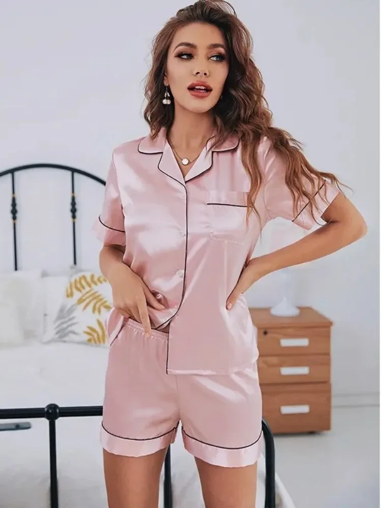 Sommer Seide Satin Pyjama Set Frauen Nachtwäsche Button-Down