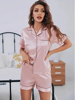 Sommer Seide Satin Pyjama Set Frauen Nachtwäsche Button-Down Kurzarm Tops und Shorts Zwei-stück Pijama Sets