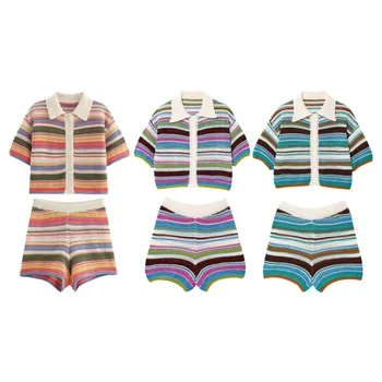 Frauen Patchwork Gestreiften Aushöhlen Häkeln Gestrickte Crop Pullover Shorts Set Kurzarm Polo Kragen Pullover
