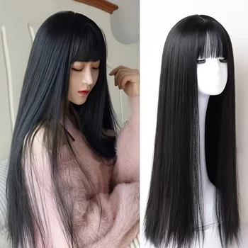 Schwarze lange glatte synthetische Perücke für Halloween-Party, Cosplay-Perücke für den täglichen Gebrauch