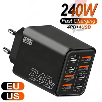 240W GaN USB-C-Ladegerät 8-in-1 Schnellladegerät für iPhone, Samsung, Xiaomi, Typ-C, EU/US-Stecker