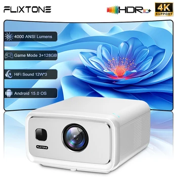 Flixtone 4000 Ansi Full HD Projektor 4K D10S 3G 128G Beamer für Heimkino Video Android 15 Smart TV Beamer