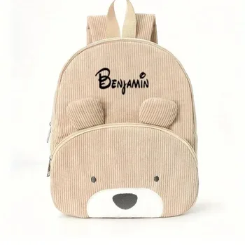 Kleinkind-Rucksack mit personalisiertem Namen - bestickte Cartoon-Bär-Cordtasche, großes Fassungsvermögen