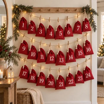 Adventskalender-Beutel, 24 nummerierte Baumwoll-Beutel mit Kordelzug, Weihnachts-Countdown-Beutel