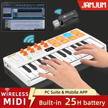 JAMJUM 25-Tasten-Midi-Keyboard mit kabellosem Midi-Empfänger, 8 anpassbaren RGB-Hintergrundbeleuchteten Pads