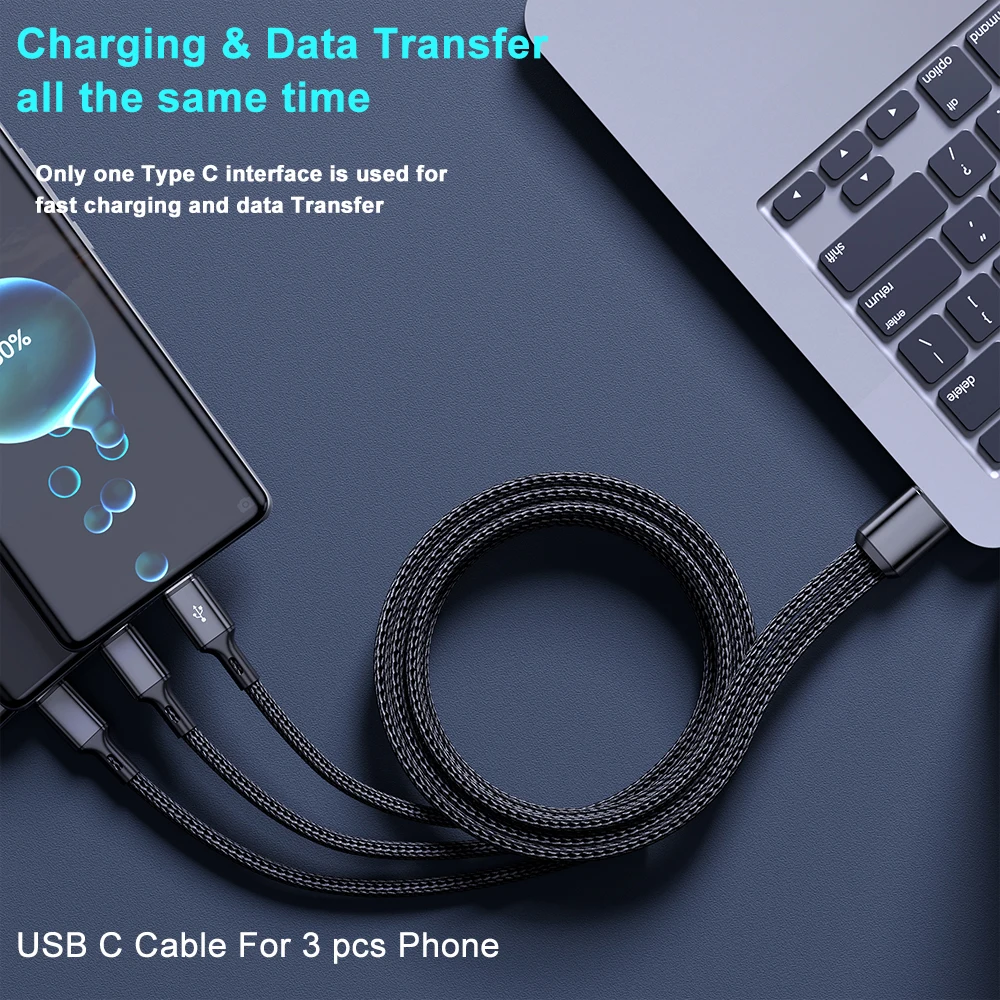 3-in-1 USB-C Ladekabel 100 W, USB-A auf 3× USB-C – Bild 6