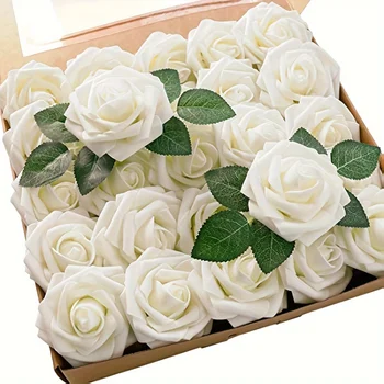 Künstliche Blumen, künstliche Blumen, Rosen mit Stiel für DIY-Hochzeitssträuße, Mittelstücke (25 Stück)