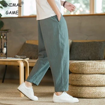 Männer Hosen Baumwolle Leinen Mode Casual Hosen Einfarbig Atmungs Lose Shorts Gerade Kordelzug Hosen