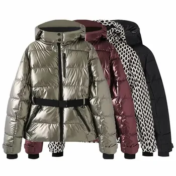 Frauen Winter Mit Kapuze Hohe Taille Gepolsterte Sport Parkas Mäntel mit Gürtel Weibliche Elegante Dicke Warme