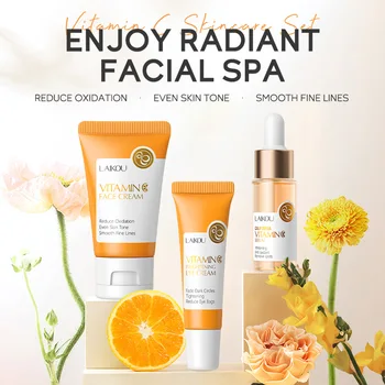 LAIKOU Vitamin C Hautpflege-Sets 3-teilig Gesichtscreme Serum Augencreme Feuchtigkeitsspendend Anti-Falten