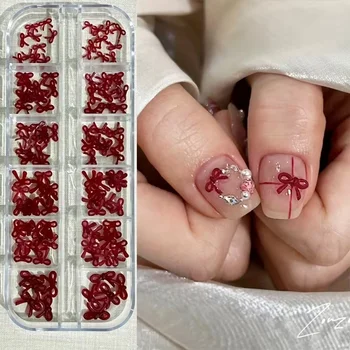 Burgunderrote Schleifen-Nagelkunstdekorationen mit 12/16 Fächern, Accessoires für Neujahr und Valentinstag