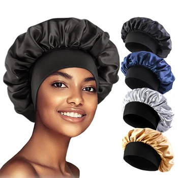 Frauen Satin Solide Hauben Breitkrempige Nacht Schlafen Bade Hut Unisex Kopf Wrap Gummiband Kappe Haarpflege