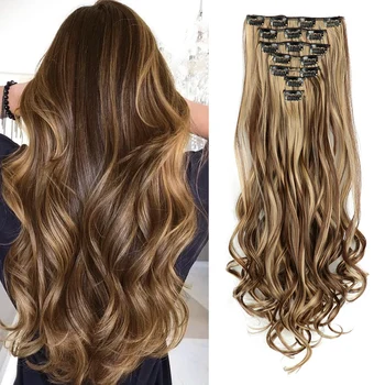 Clip-in-Haarverlängerungen, 7 Stück, voller Kopf, 55,9 cm lang, lockig, gewellt, synthetische Haarteile