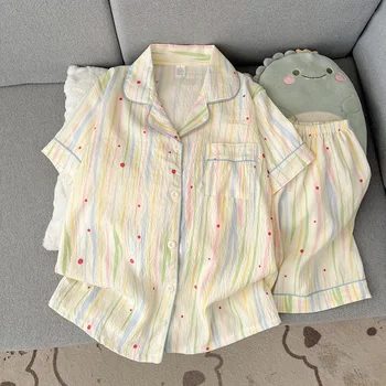 Sommer Kurzarm-Shorts-Pyjama-Set für Damen - Niedliches Cartoon-Mädchen-Cardigan-Set, atmungsaktive