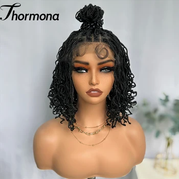 Synthetische Vollspitze-Front-Zopf-Perücke, 35,6 cm, lockige Faux-Locs, schwarze Farbe, großer Scheitel, Space