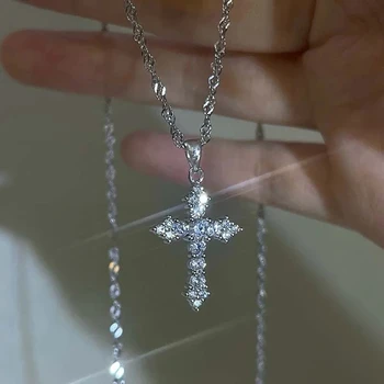 Glänzende Kristall Zirkon Kreuz Anhänger Halskette für Frauen Mädchen Punk Silber Farbe Dünne Kette Halskette