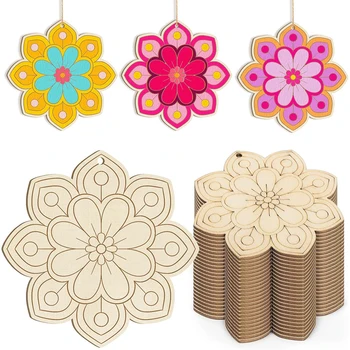 Blumenornamente aus Holz, unvollendete Holzscheiben mit Loch, leere Weihnachts-Hängeornamente aus (10 Stück)