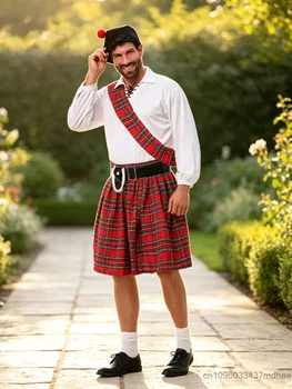 Schottisches Kilt-Kostüm-Set für Herren, traditionelles Outfit mit Rock, weißem Hemd und Hut, für Halloween
