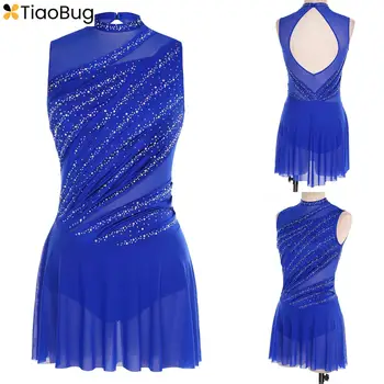 Lyrisches Ballett-Tanzkleid für Damen, runder Kragen, ärmellos, gerüscht, mit Strasssteinen, rückenfrei