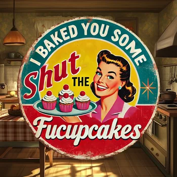Bezaubernde Retro-Küchenschilder „I baked you some cake, shut up“ aus Holz, runde Küchenschilder - 8 x 20,3 cm