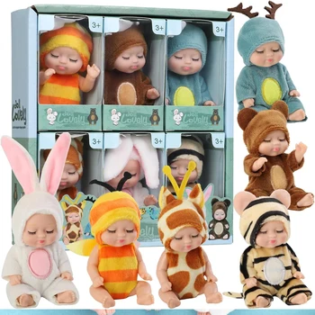 4-Zoll-Mini-Reborn-Babypuppen-Spielzeugset, realistische Babypuppe mit niedlicher Tierkleidung, Geschenke