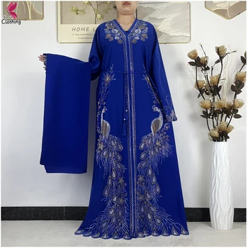 Dubai Muslimisches Damenkleid, Elegantes Arabisches Chiffon-Kleid mit Diamanten, Hijab, Afrikanische Abaya