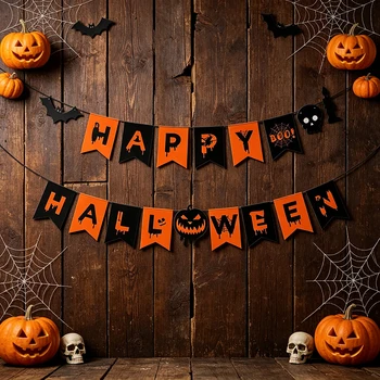 Fröhliche Halloween-Themenparty-Flaggen, Feierfahnen, Papierflaggen für Familie, Zuhause, Jungen, Mädchen
