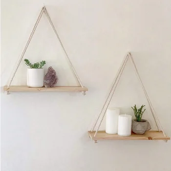 Holzschaukel zum Aufhängen, Hanfseil, Wandregal, montiert, schwebend, für Zuhause, Wohnzimmer, Pflanze