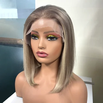 Echthaar Perücken HD 13x4 Spitze Frontal Perücke kurze gerade Bob Haar hellbraun blond gemischte Klavier