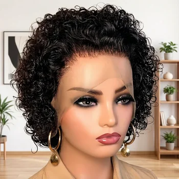 Kurze lockige Echthaarperücke, 13x1 Lace-Front-Perücke mit 180 % Dichte, natürliche schwarze lockige