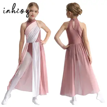 Lyrisches Tanzkleid für Mädchen, Farbblock, ärmellos, Netzstoff, geteiltes Trikot, Ballett, Eiskunstlauf