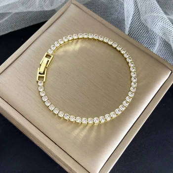 Edelstahl, goldfarben/silberfarben, 4 mm Zirkonia-Kette, Tennis-Armbänder für Damen, 16/18 cm, Armband