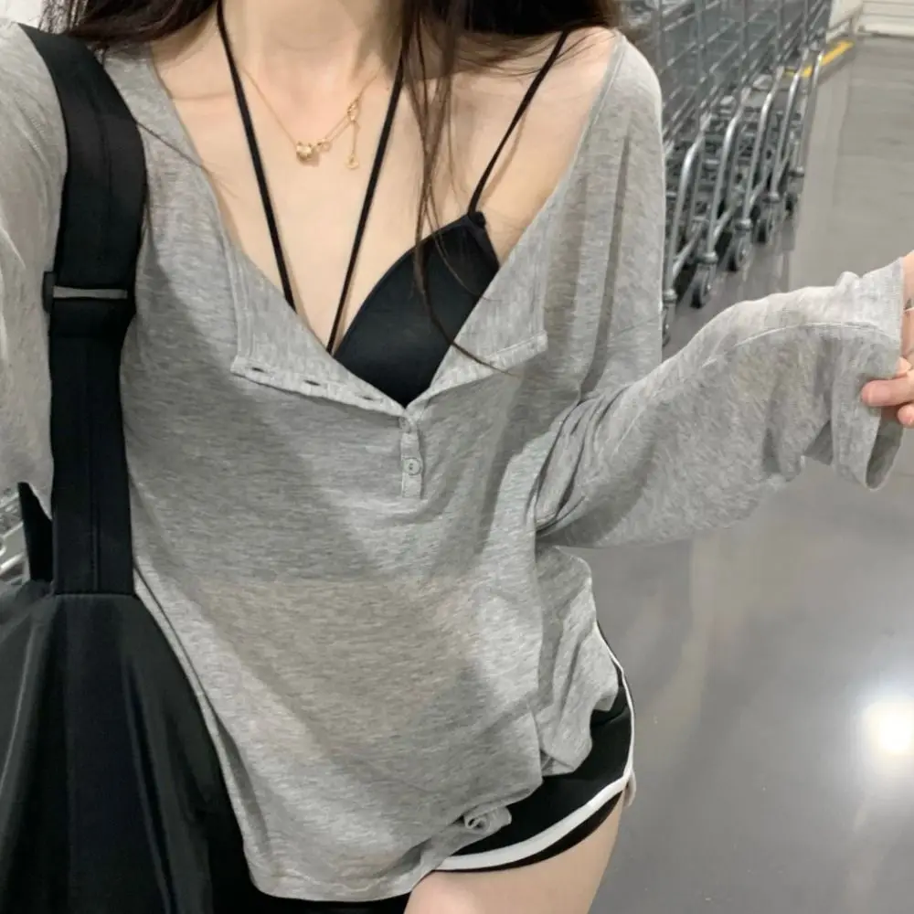 Koreanische Mode y2k Tank Top Langarm V Kragen Crop Top Knopf