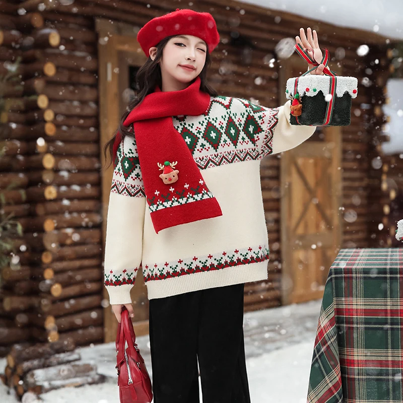 Eleganter Mädchen-Weihnachtspullover mit Schal für Kinder – Bild 2