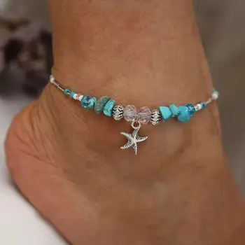 Strandperlen Fußkettchen für Frauen Schmuck Retro Mode Perlen Stein Anhänger Knöchelkette