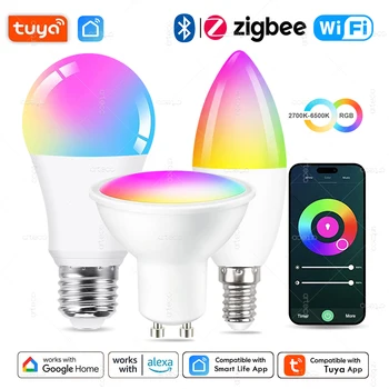 Tuya E27 E14 GU10 Glühbirne WIFI Zigbee Bluetooth, dimmbare intelligente LED-Lampe 2700-6500 K RGB