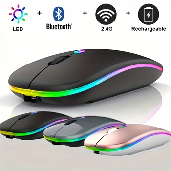 Kabellose Maus, Bluetooth und 2,4 GHz, Dual-Modi, wiederaufladbar, RGB, ergonomisch, leiser Klicken für PC