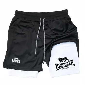 Bedruckte 2-in-1-Laufshorts für Herren, Fitnessstudio, Workout, Kompressionsshorts mit Handytasche