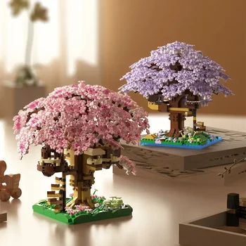 DIY Lila Romantischer Kirschblütenbaum Rosa Baumhaus Bausatz Klassisches Modell Miniatur-Bausteine Sets