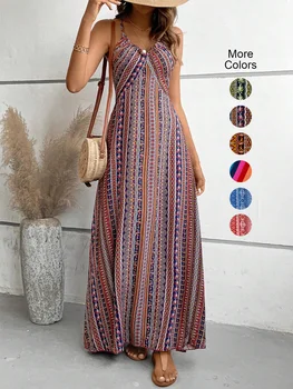 Damen Sommerkleid mit ethnischem Muster, rückenfrei, geteilter Oberschenkel, Damen-Sommerkleidung, Boho-Mode