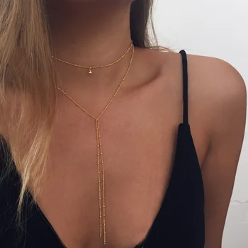 Gold Farbe Doppel Layered Lange Quaste Kette Halsketten für Frauen Einfache Metall Geometrische Perle Choker